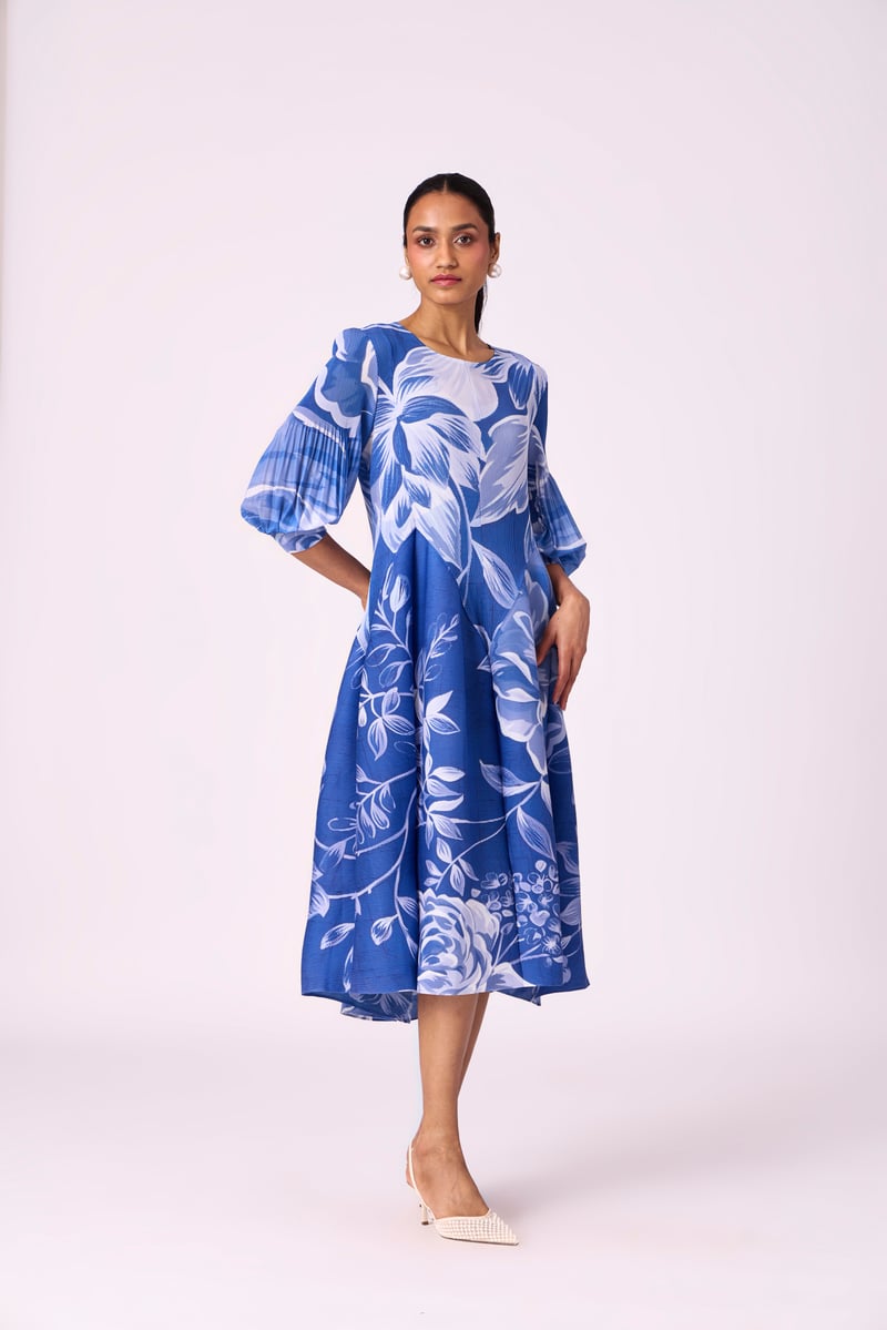 Blue Floral Pleated Fit and Flare Midi Dress