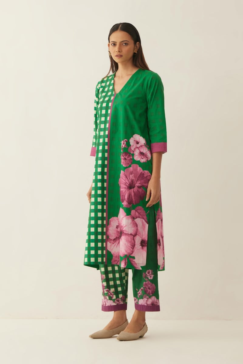 Green Cotton Gingham checks and floral co-ord set