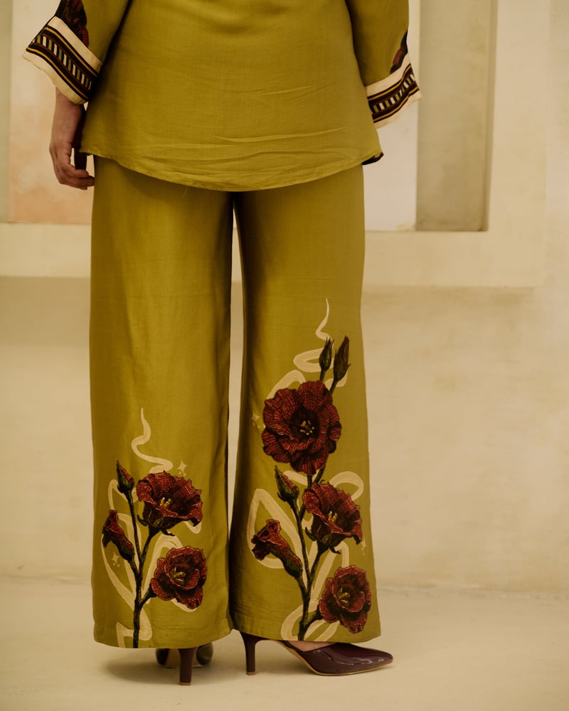Sage Green High-Waist Wide-Leg Floral Print Pants