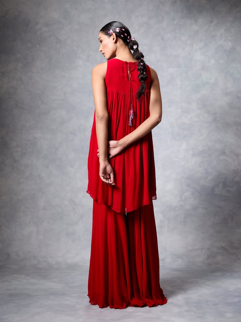 Red Georgette Sleeveless Kurta and Gharara Set