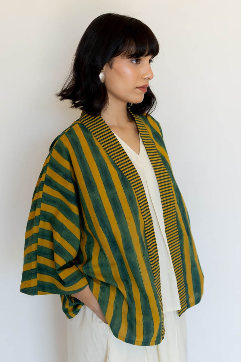 Moss Leaf Cotton Striped Open-Front Cape Shrug