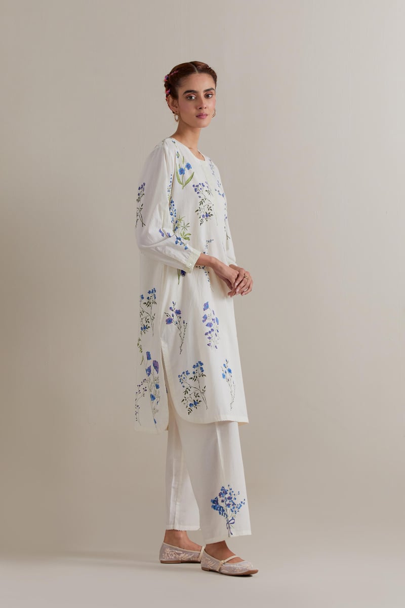 Off-White Floral Block Print Straight Kurta Set