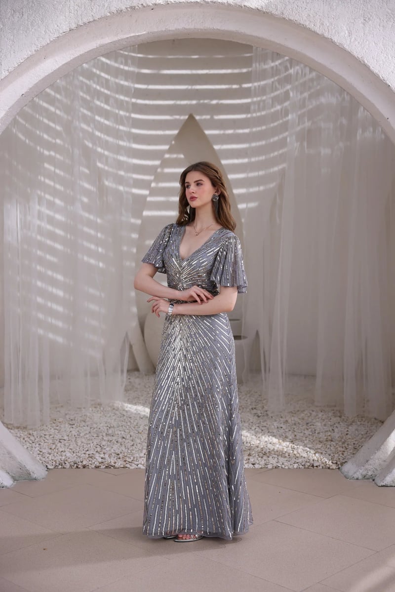 Grey Silver Hand-Beaded Sequin Maxi Gown