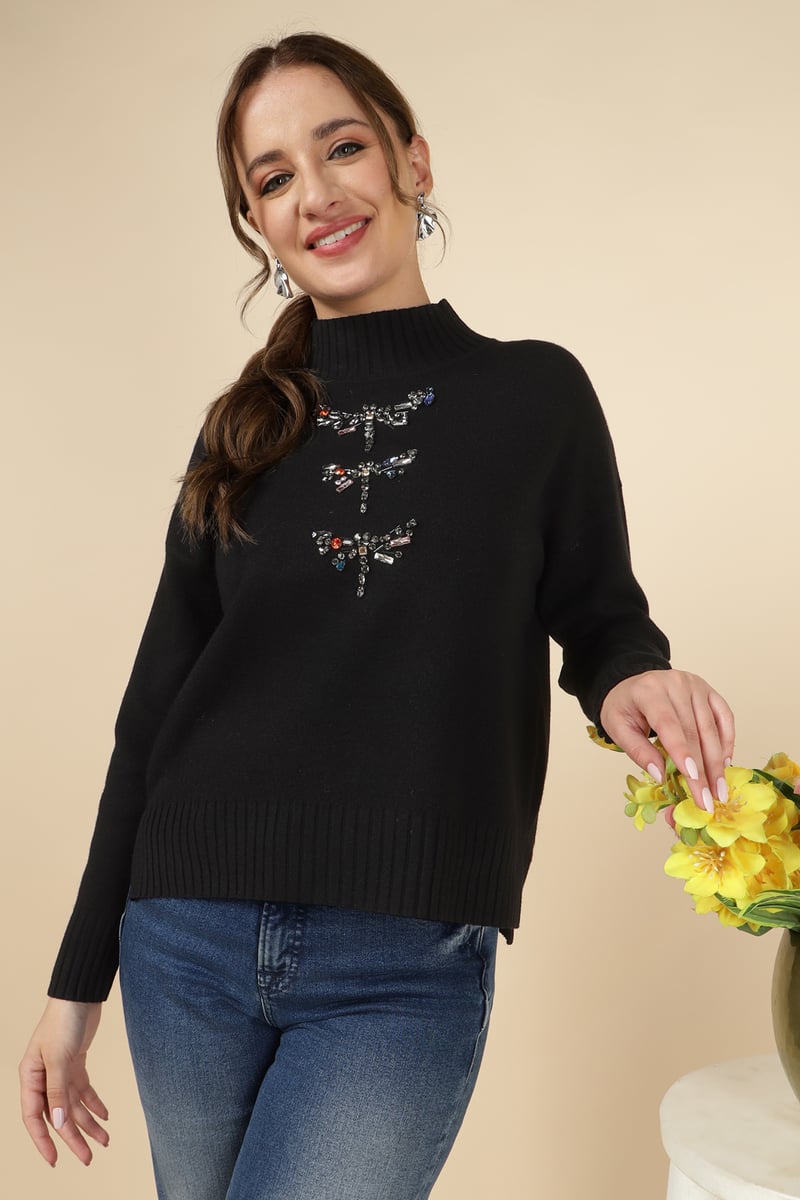 Black High Neck Crystal Embellished Pullover Sweater