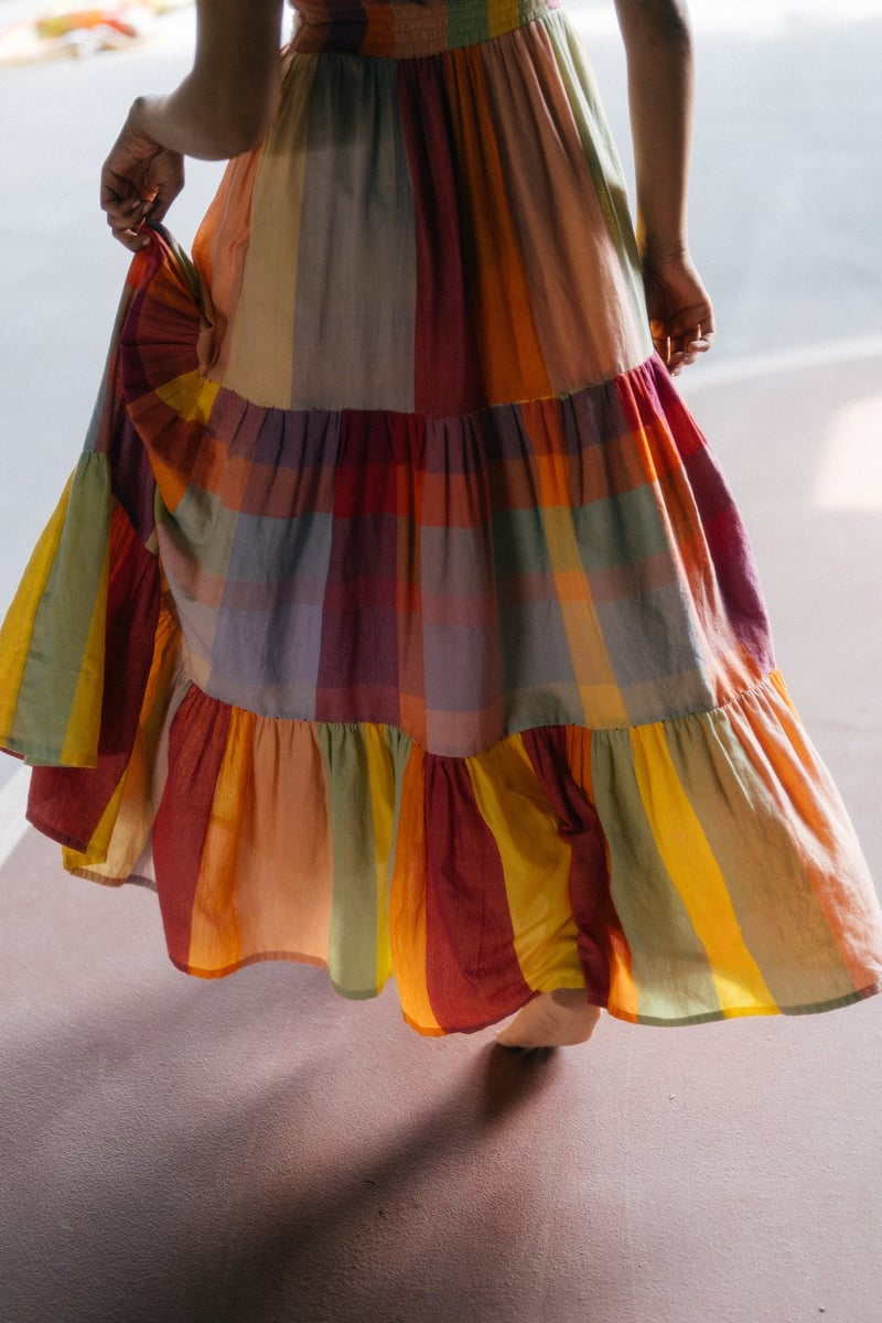 Multicolor Colorblocked Tiered Maxi Dress with Embroidery
