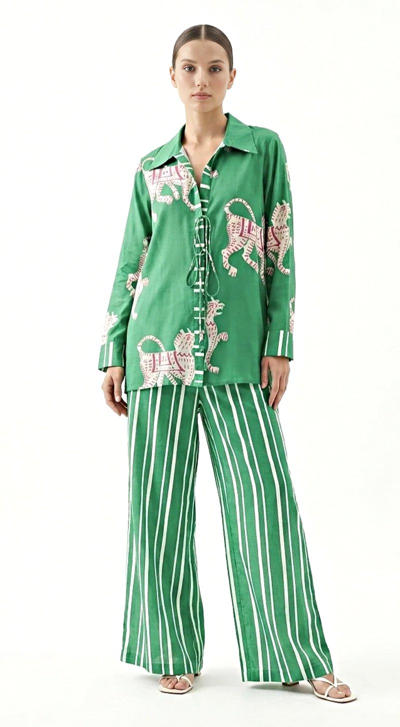 Green Muslin Printed Shirt and Wide-Leg Pants Co-ord Set