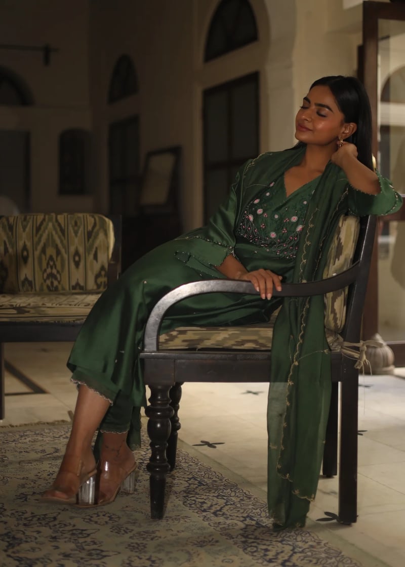 Bottle Green Chanderi Embellished Yoke Kurta Set