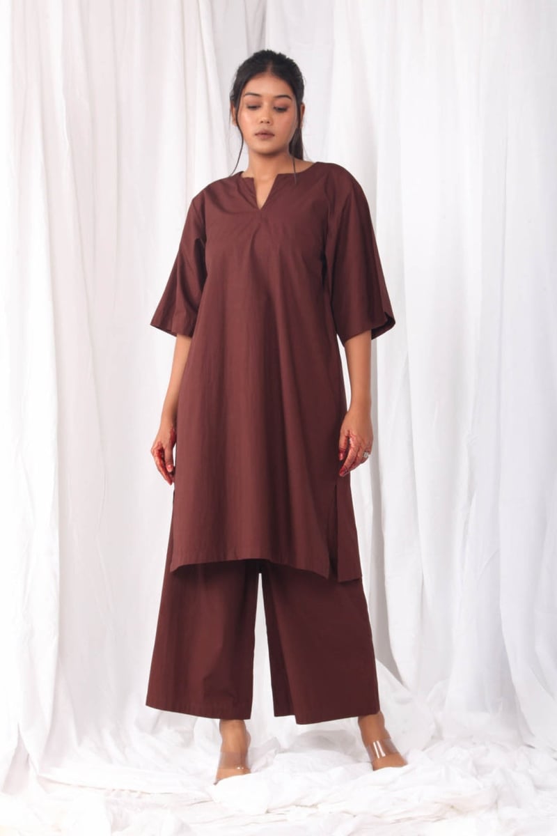 Brown Poplin Cotton V-Neck Longline Top