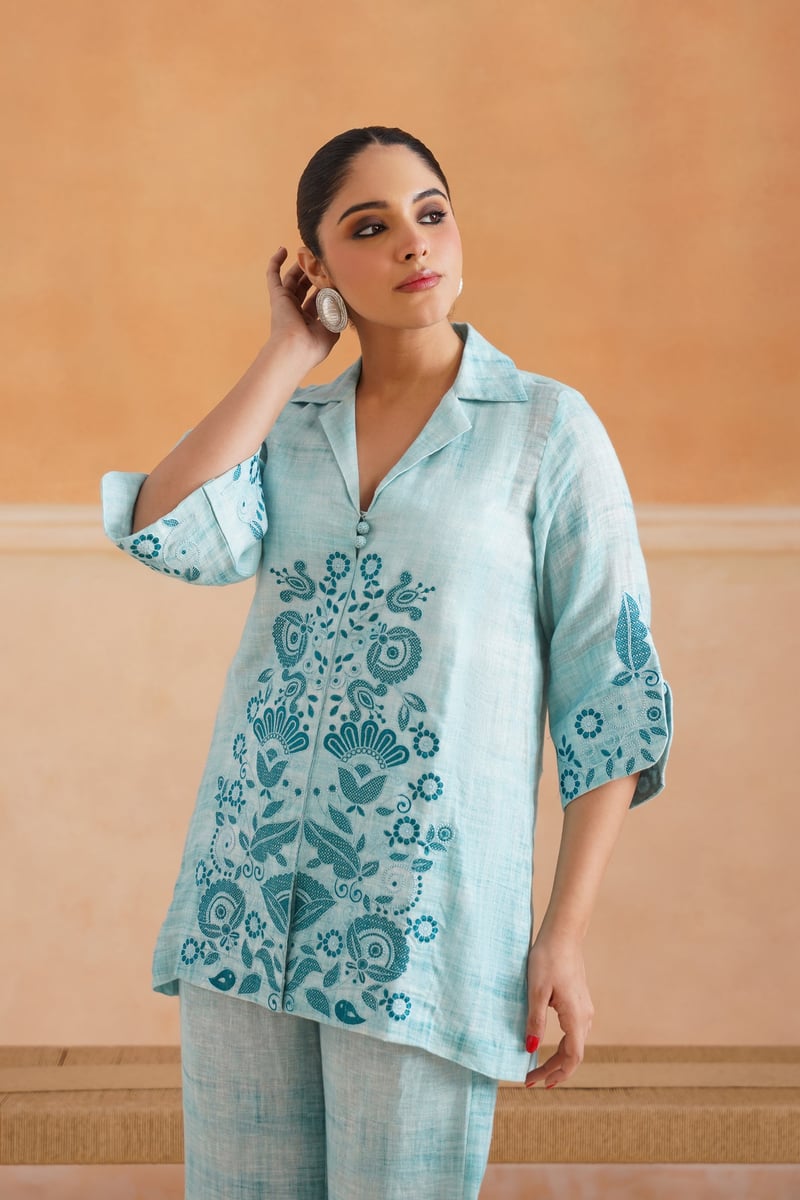 Aqua Blue Linen Embroidered Kurta Co-ord Set