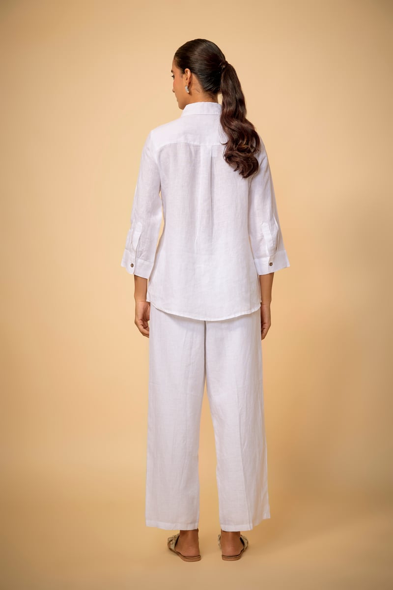 White Linen Relaxed-Fit Shirt with Chest Embroidery