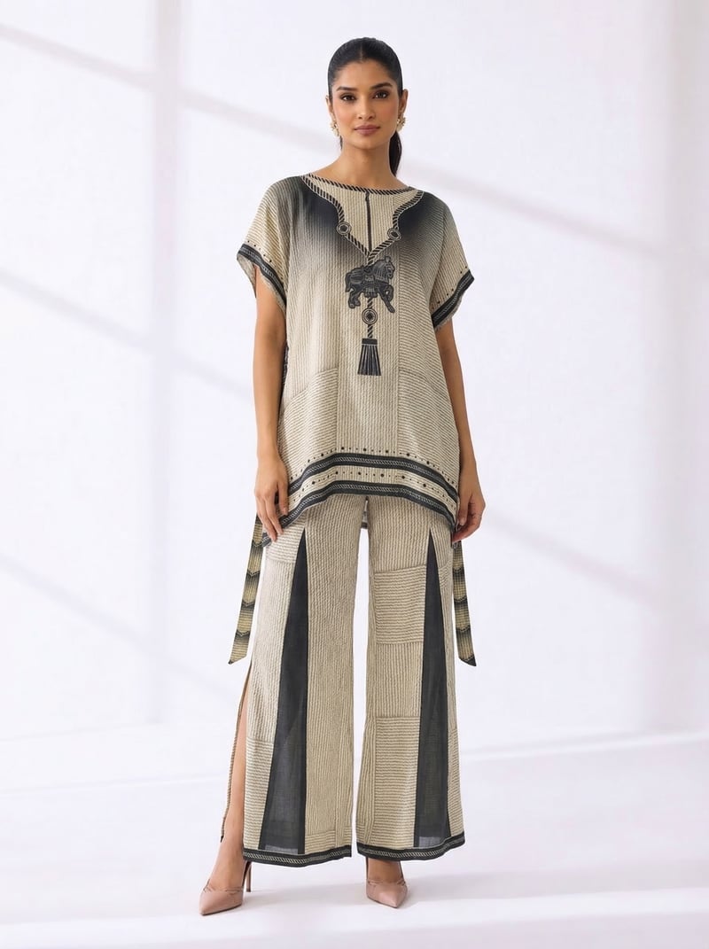Ivory Striped Tunic and Wide-Leg Trouser Co-ord Set — Kamaali Pret