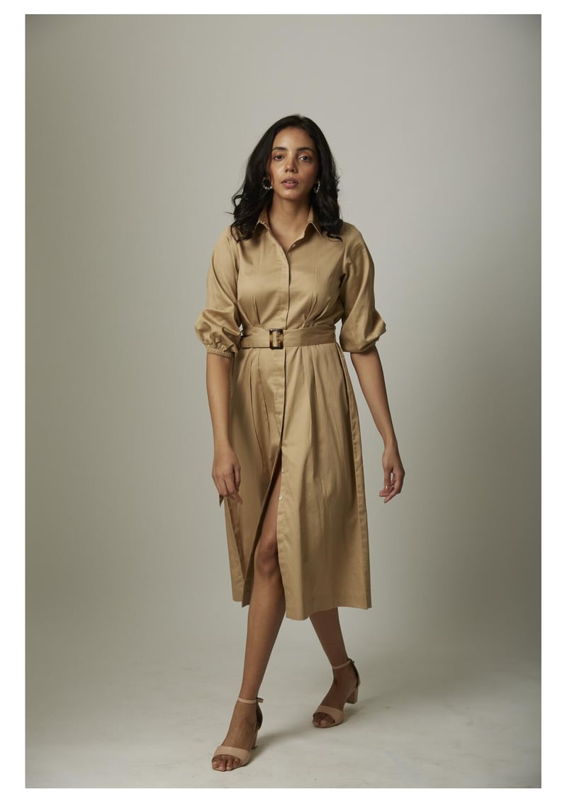 Gold Cotton Satin Belted Midi Shirt Dress