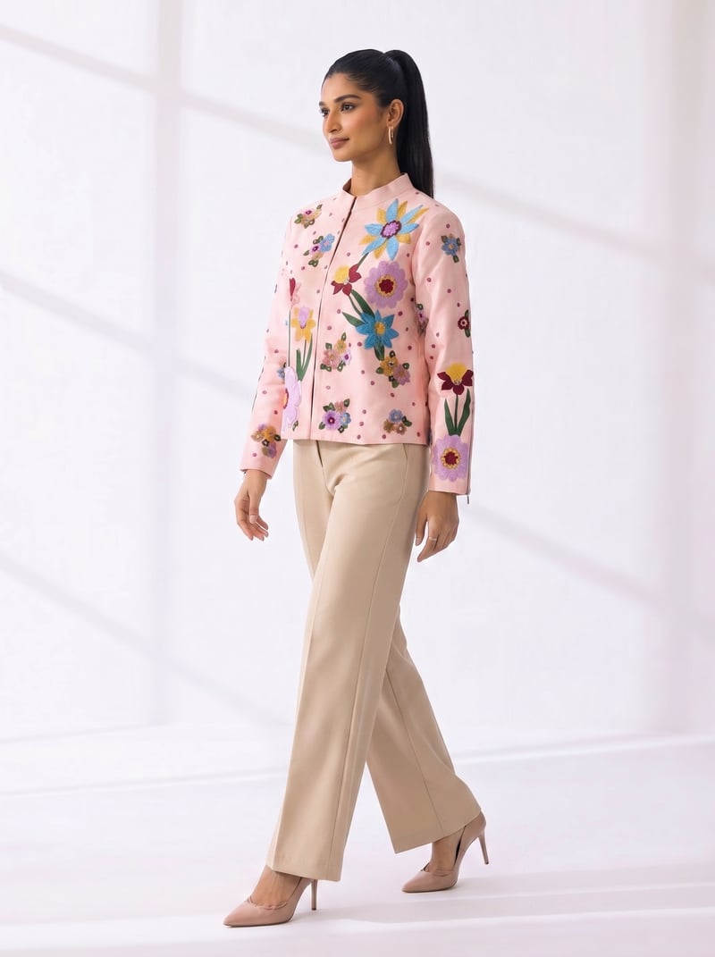 Powder Pink Cropped Embroidered Zip-Front Jacket