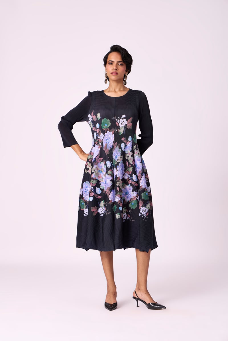 Black Floral Pleated Fit and Flare Midi Dress