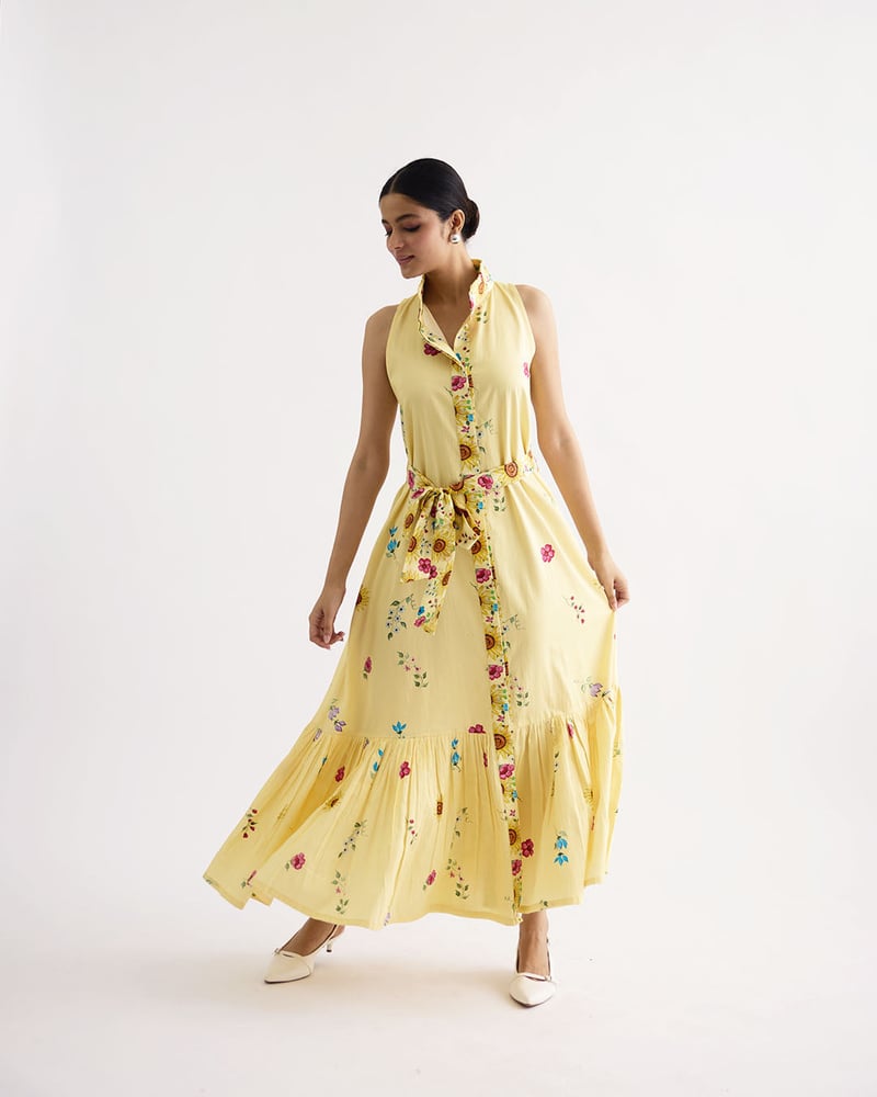 Yellow Floral Printed Tiered Maxi Dress with Waist Tie — THE FINICKY COLORIST