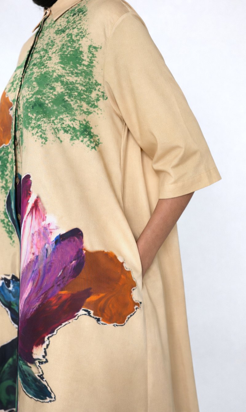 Beige Multicolor Oversized Floral A-Line Shirt Dress