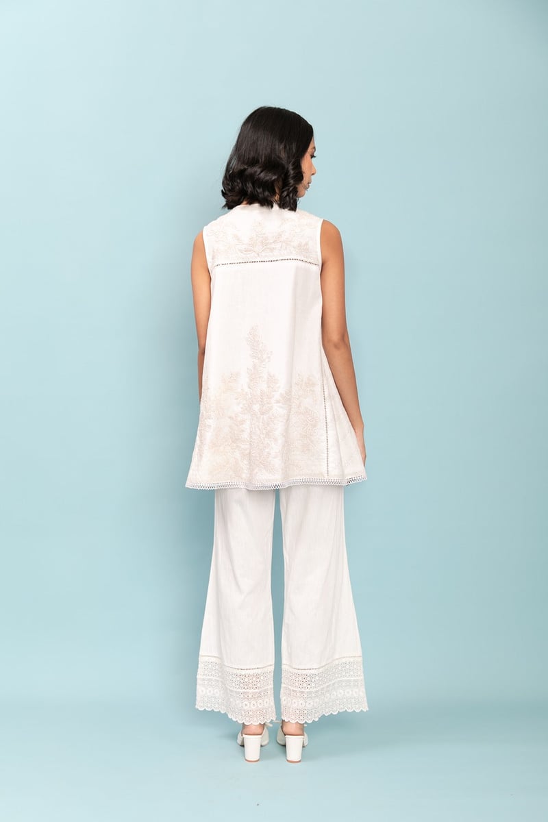 Ivory A-Line Sleeveless Tunic Set with Tonal Embroidery