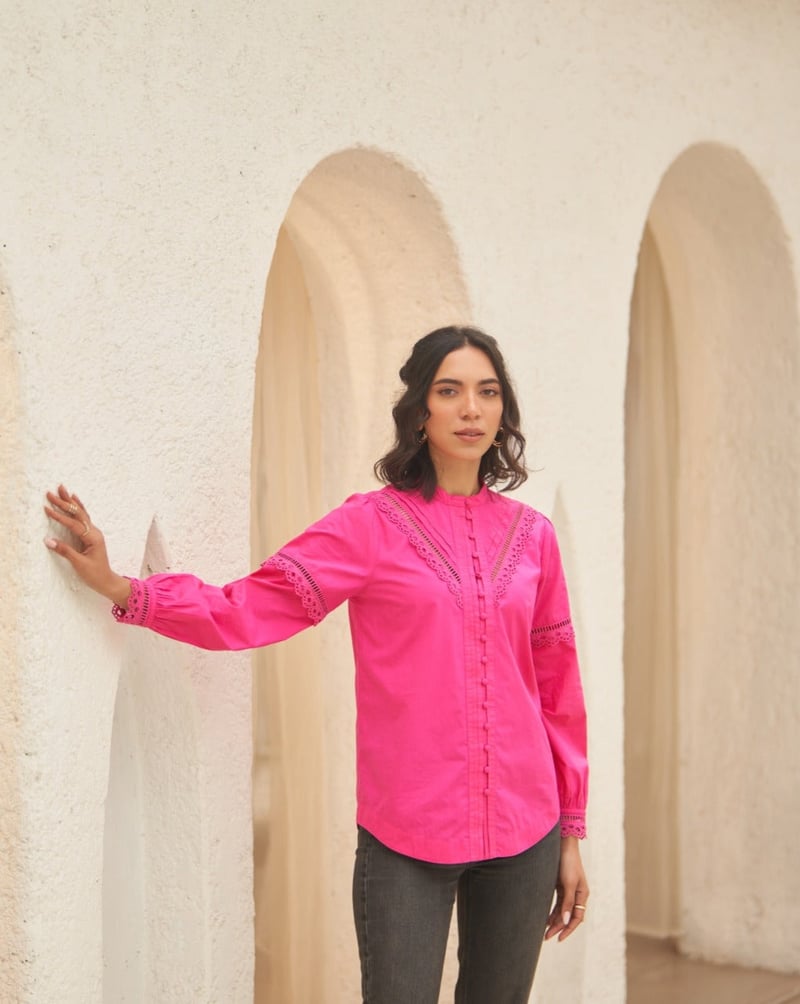 Pink Poplin Shirt Top with Lace Inserts and Mandarin Collar