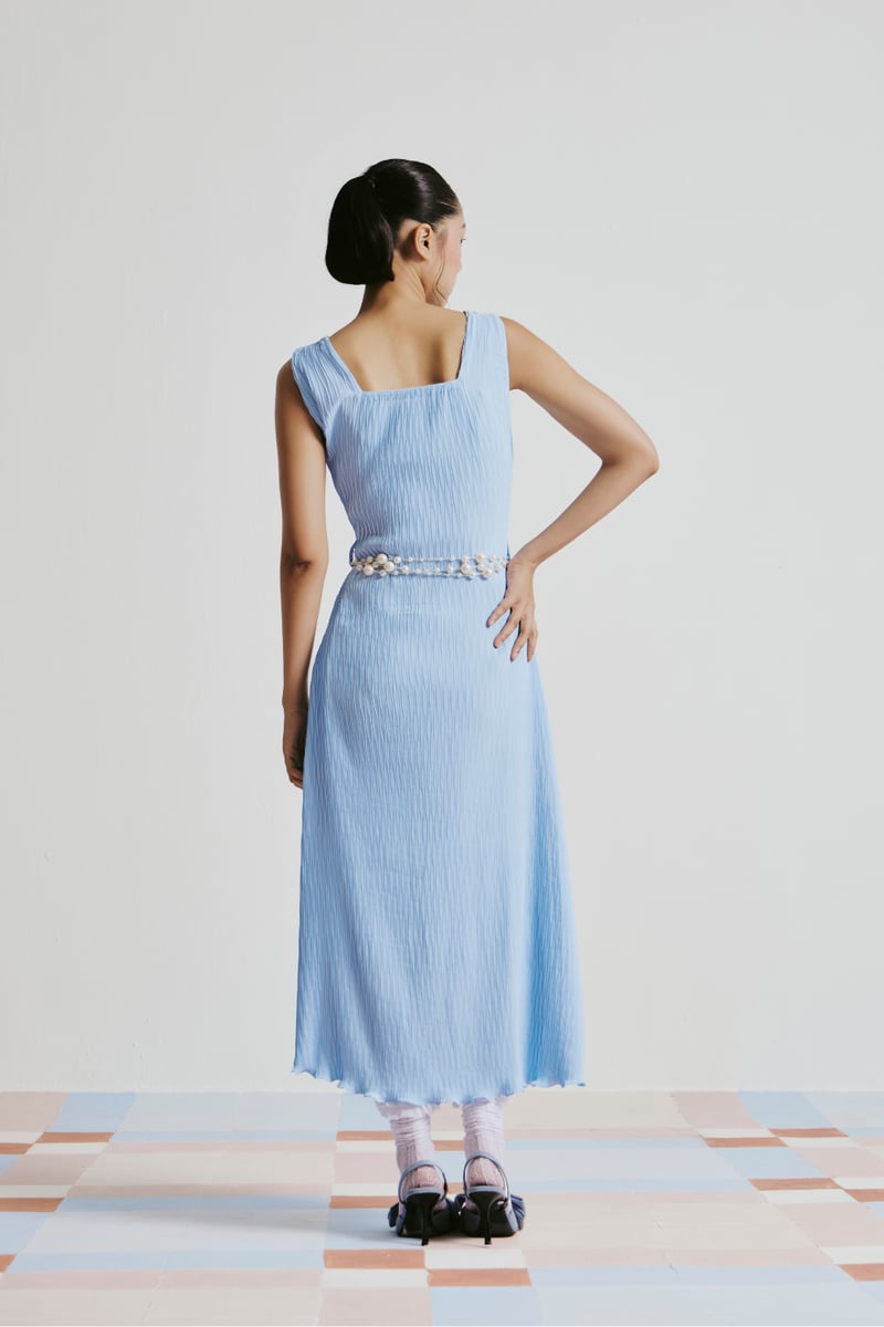 Blue Pintucked Square-Neck A-Line Midi Dress with Pearl Belt