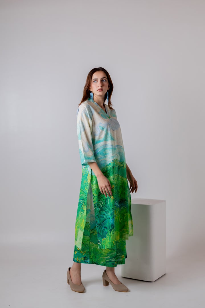 Multicolor Landscape Print Cambric Cotton Kurta Set