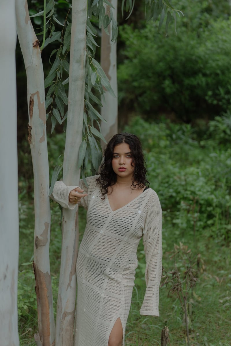 Beige Crochet Net Cover-Up Maxi Dress with Side Slits