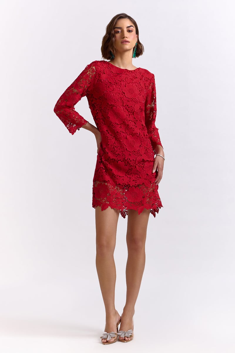 Red Lace Boat Neck Mini Dress