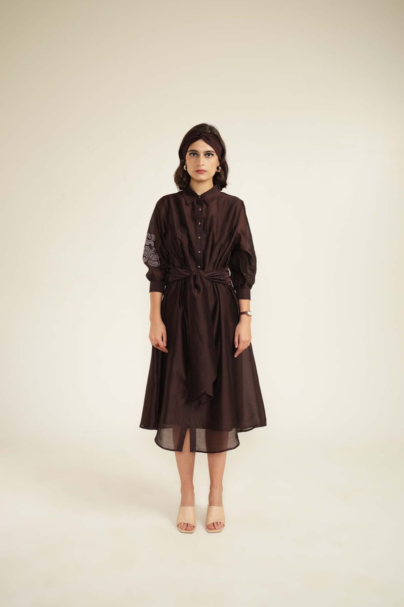 Grape Silk Chanderi Midi Shirt Dress With Hand Embroidery