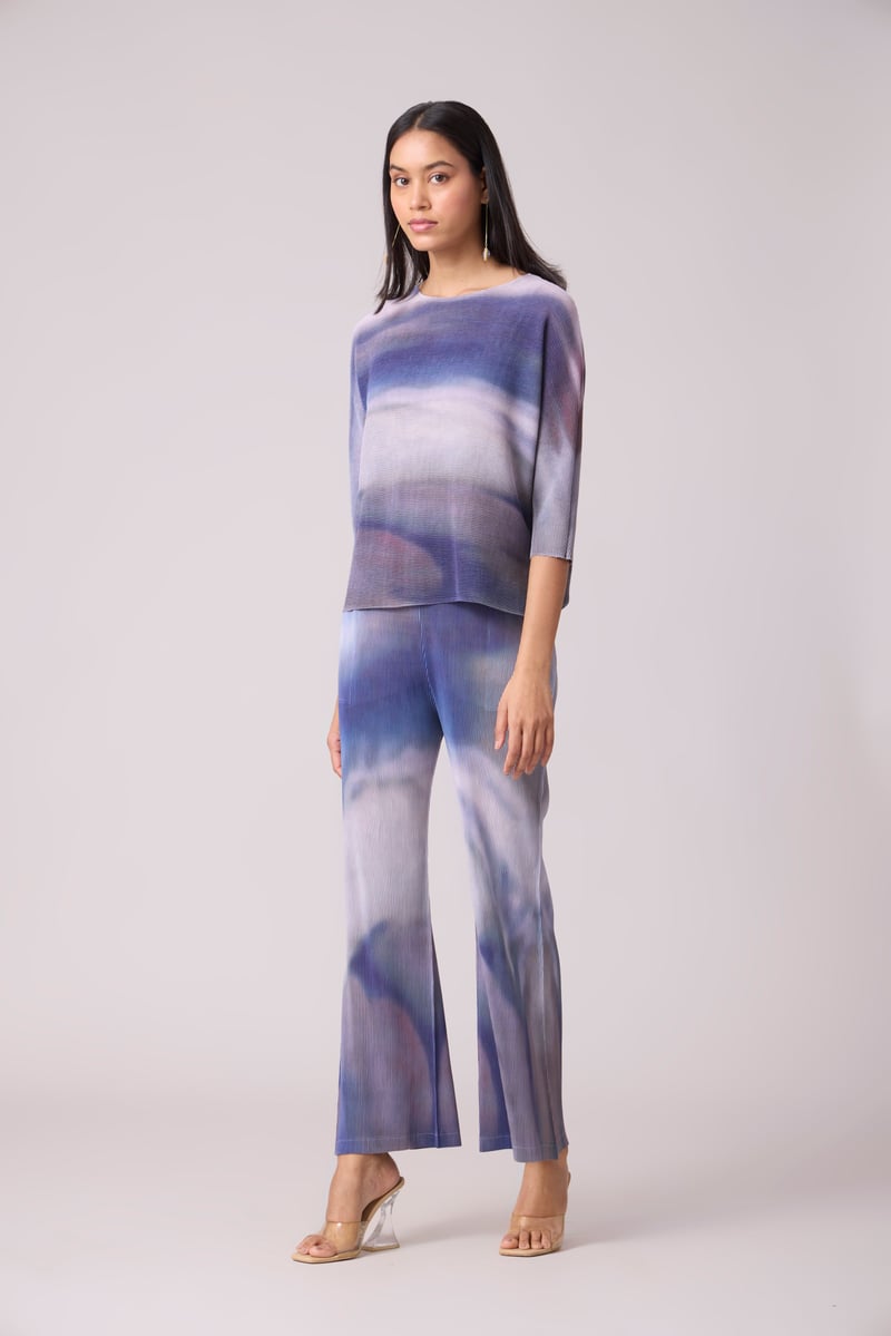 Purple and Grey Marble Print Pleated Co-ord Set