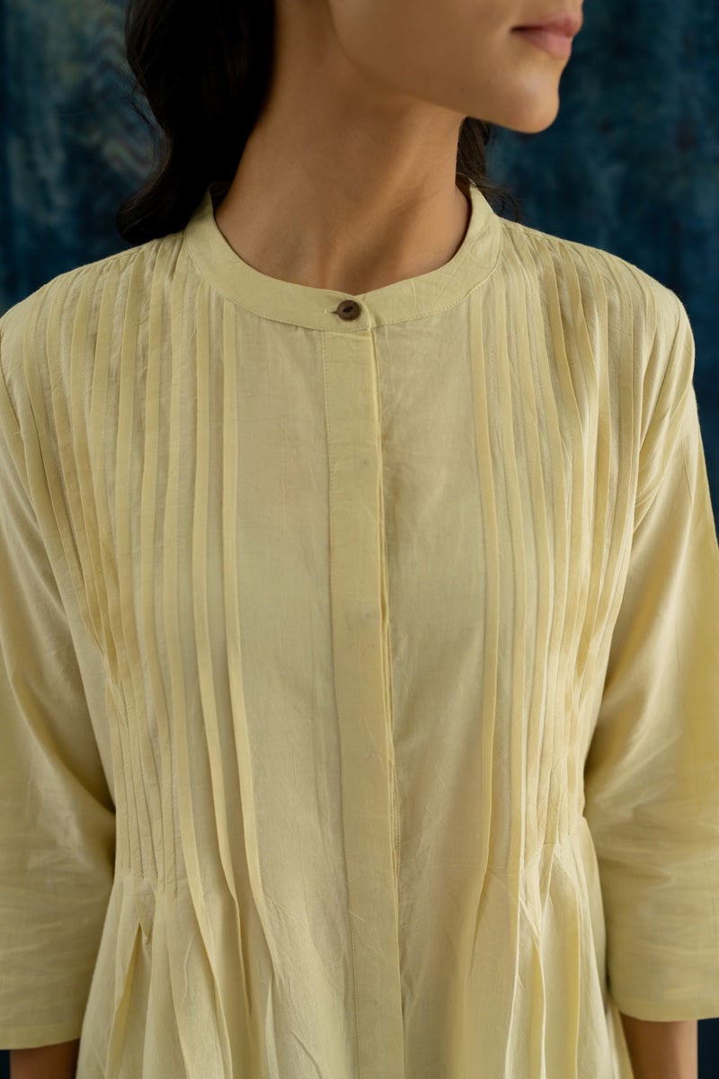 Natural White Cotton Pintuck A-Line Kurta with Pockets