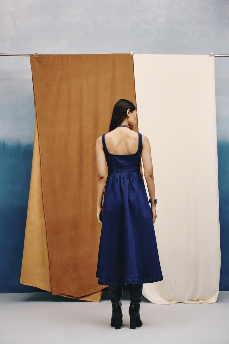 Deep Indigo Denim Fit and Flare Midi Dress