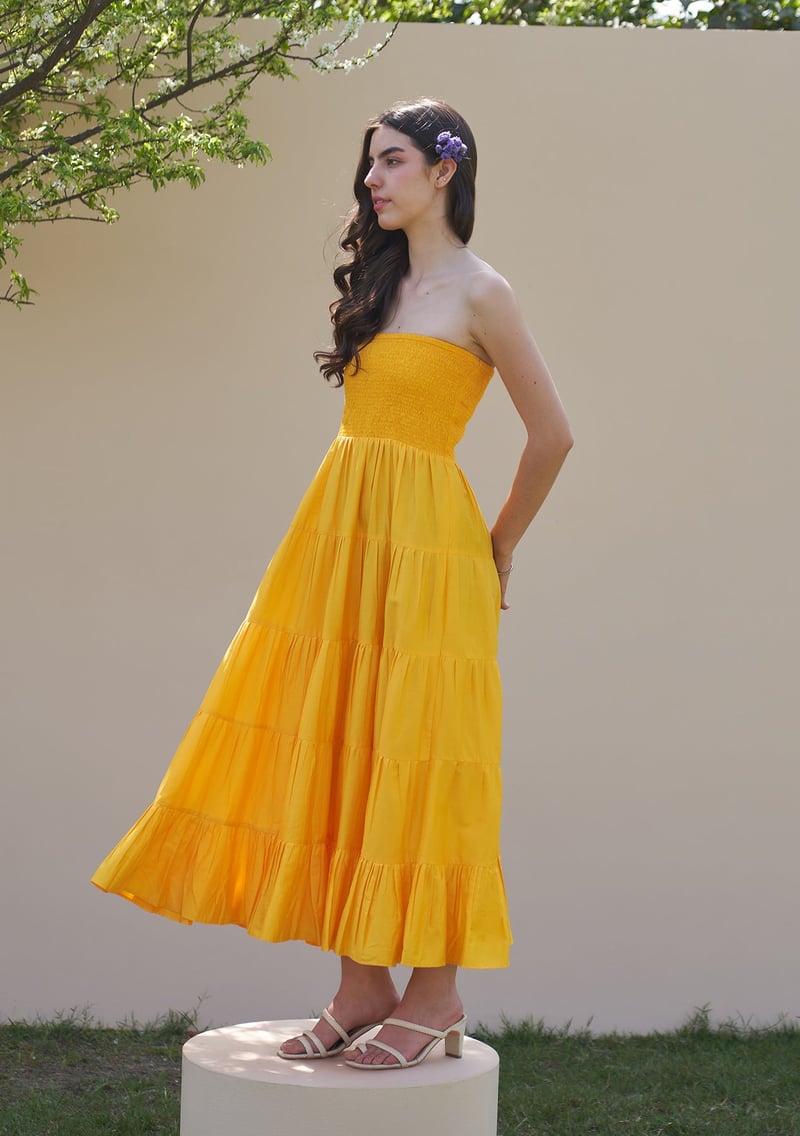Mango Yellow Tiered Smocked Midi Dress with Detachable Sleeves