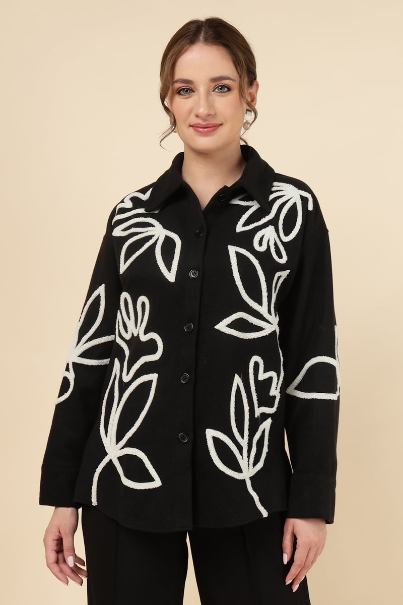 Black Floral Applique Overshirt Shirt