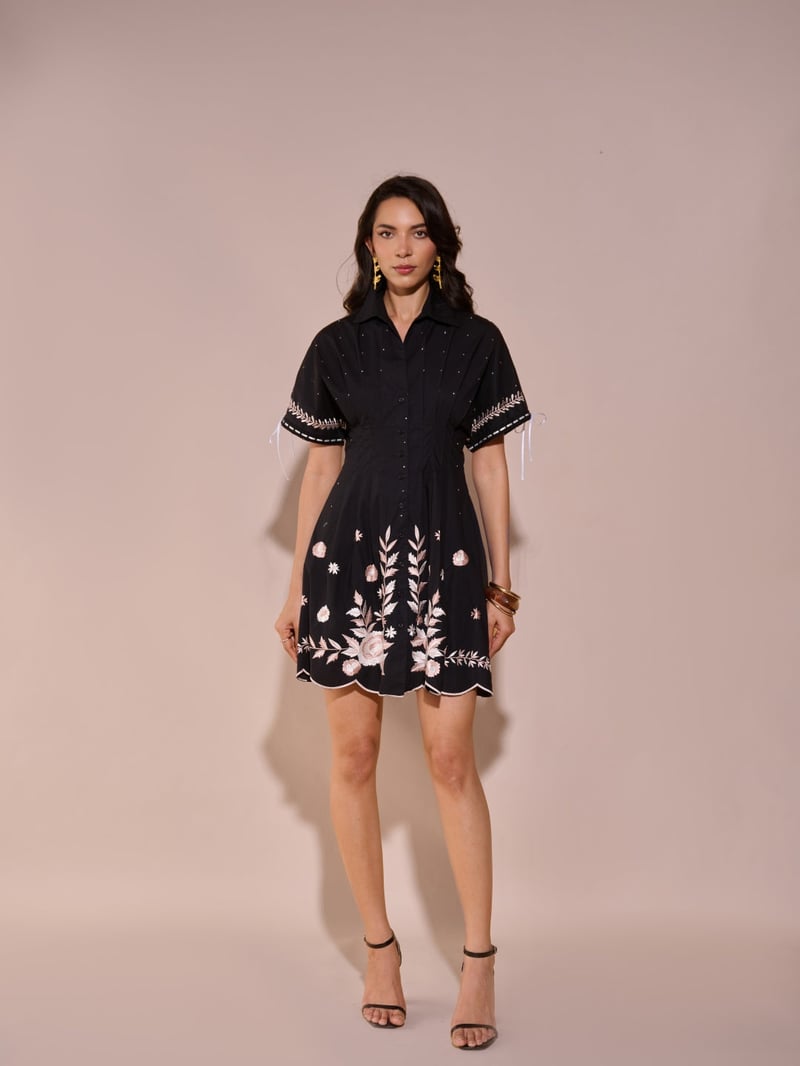 Black Embroidered Fit and Flare Mini Shirt Dress