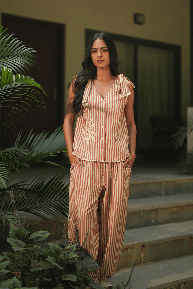 Red and Beige Striped Tie-Shoulder Button-Front Top