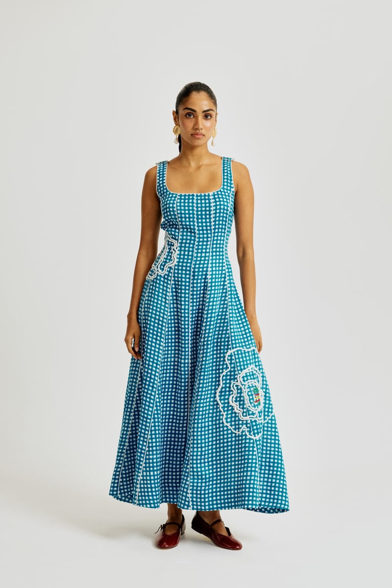 Blue and White Checked Fit and Flare Midi Dress