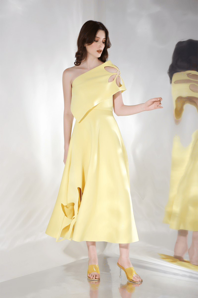 Light Yellow One-Shoulder Cutwork Fit and Flare Midi Dress