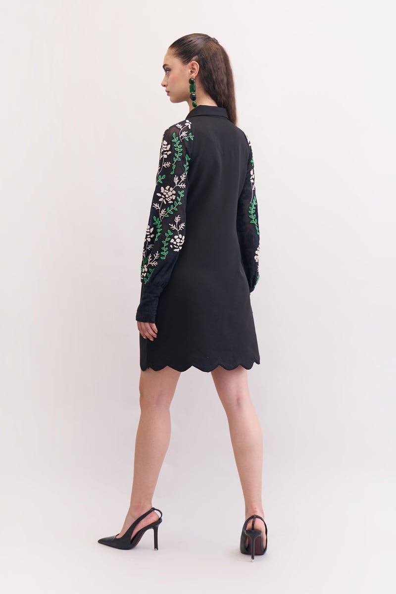 Black Lace Sleeve Mini Shirt Dress