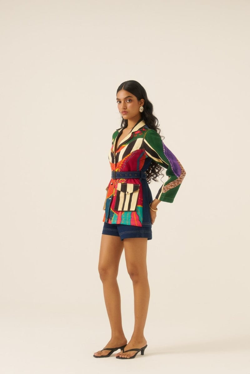 Multicolor Printed Belted Safari Jacket