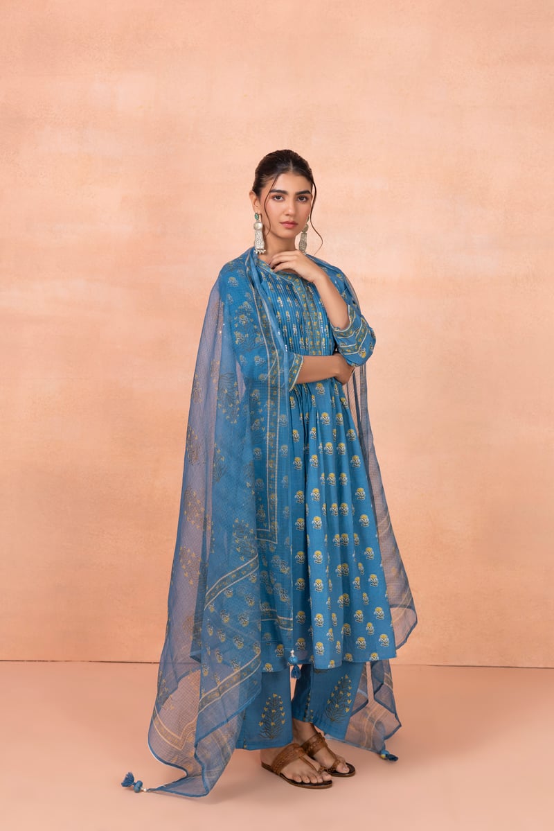 Blue Floral Printed Cotton Kurta Set with Dupatta