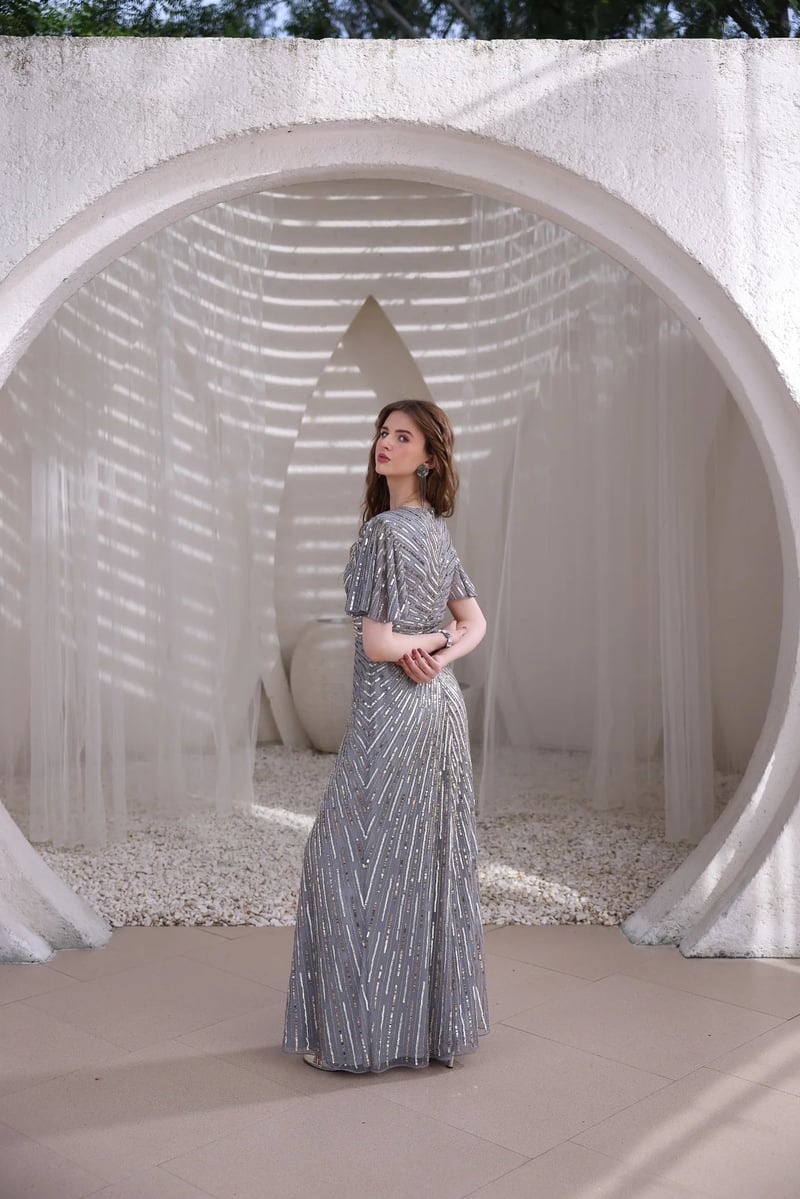 Grey Silver Hand-Beaded Sequin Maxi Gown