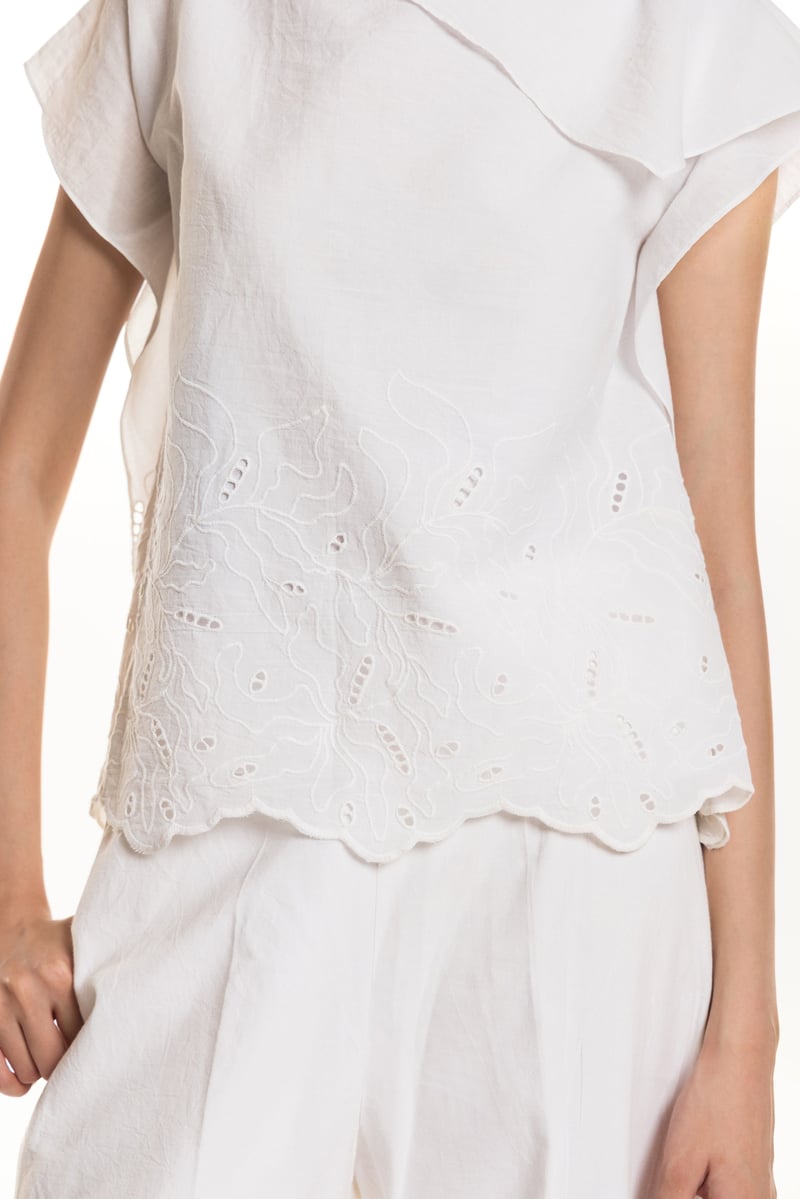 White Cotton Schiffli Drape Top with Scalloped Hem