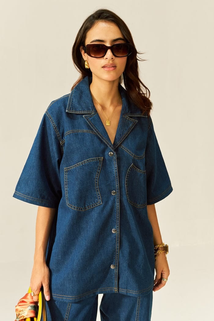 Dark Blue Denim Oversized Shirt and Pants Co-ord Set