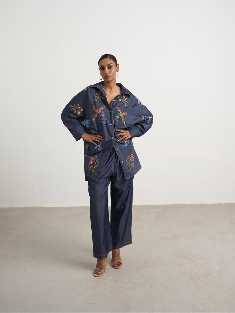 Blue Denim Embroidered Shirt and Wide-Leg Pants Co-ord Set