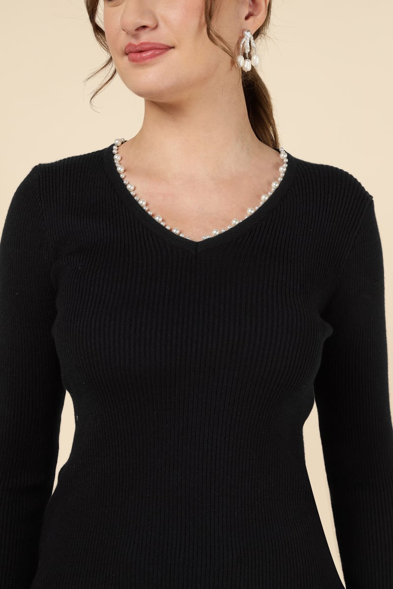 Black Rib-Knit V-Neck Sweater with Pearl Trim