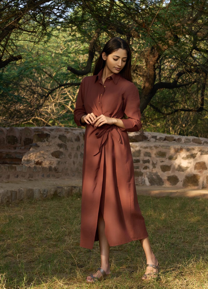 Brick Linen-Blend Tie-Front Midi Shirt Dress