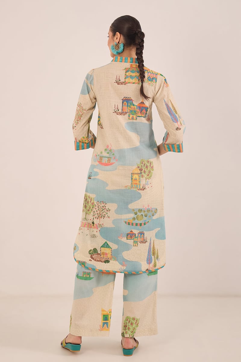 Cream Scenic Print Cotton Kurta and Wide-Leg Pants Set