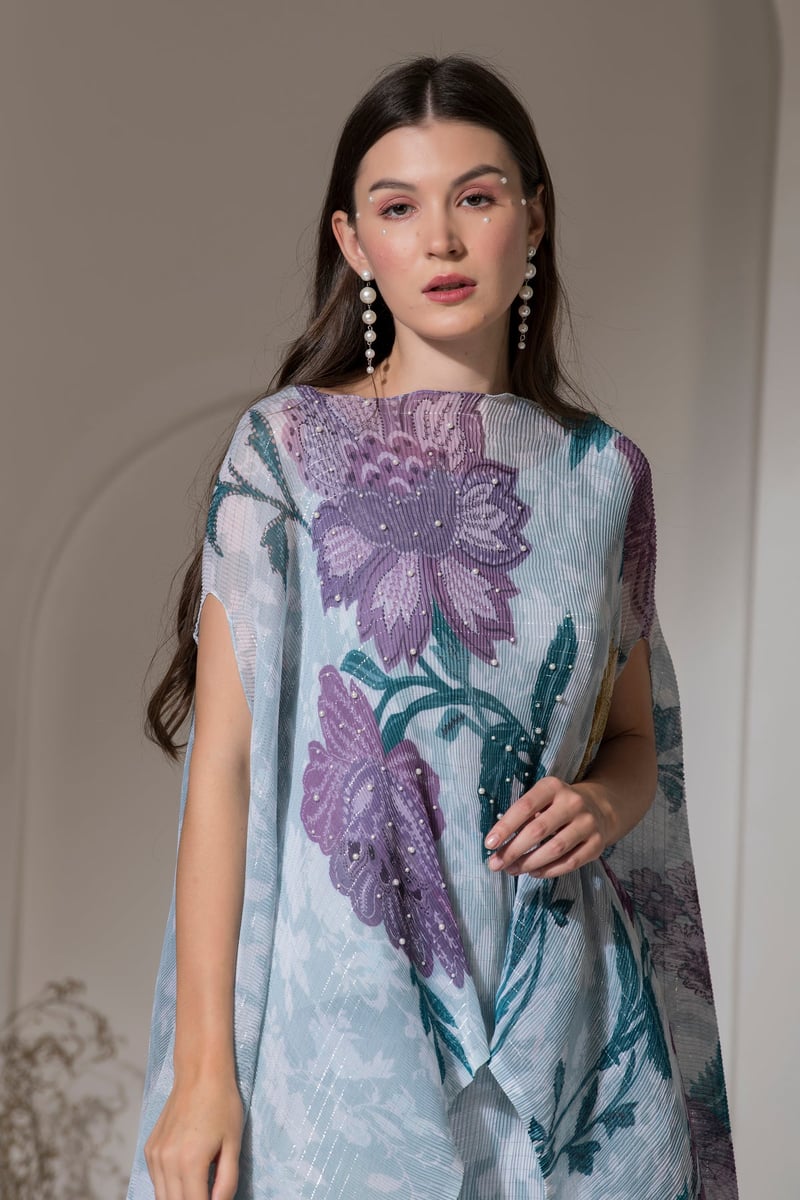 Blue Floral Kaftan and Wide-Leg Pant Co-ord Set