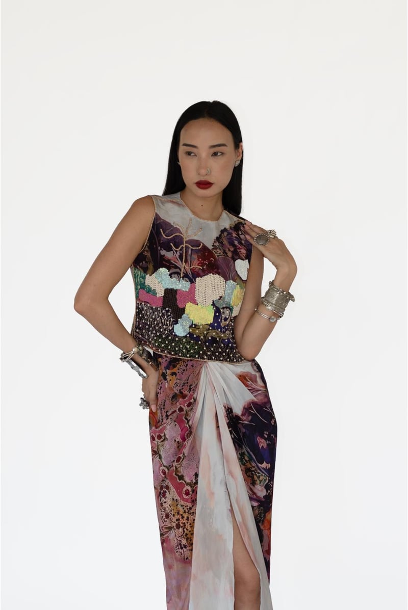 Rose Pink Printed Blouse and Draped Maxi Skirt Co-ord Set