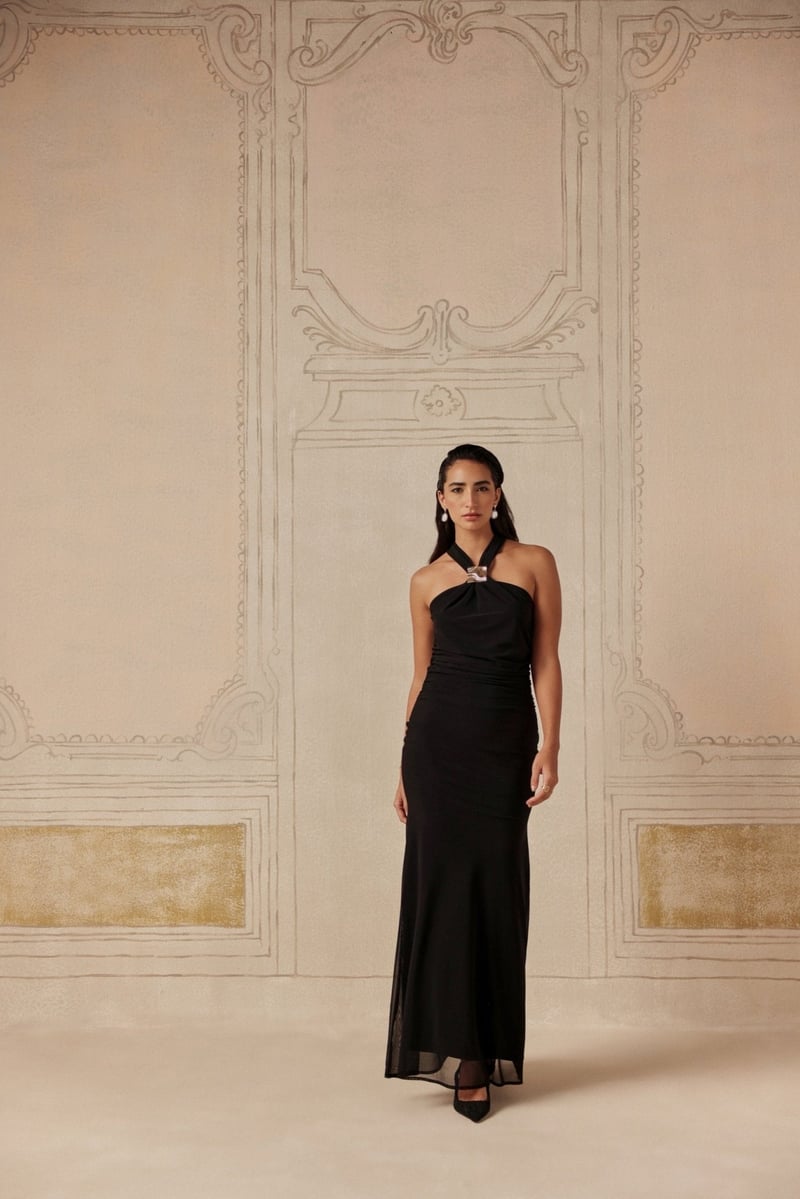 Black Halter Neck Maxi Dress with Gold Accent