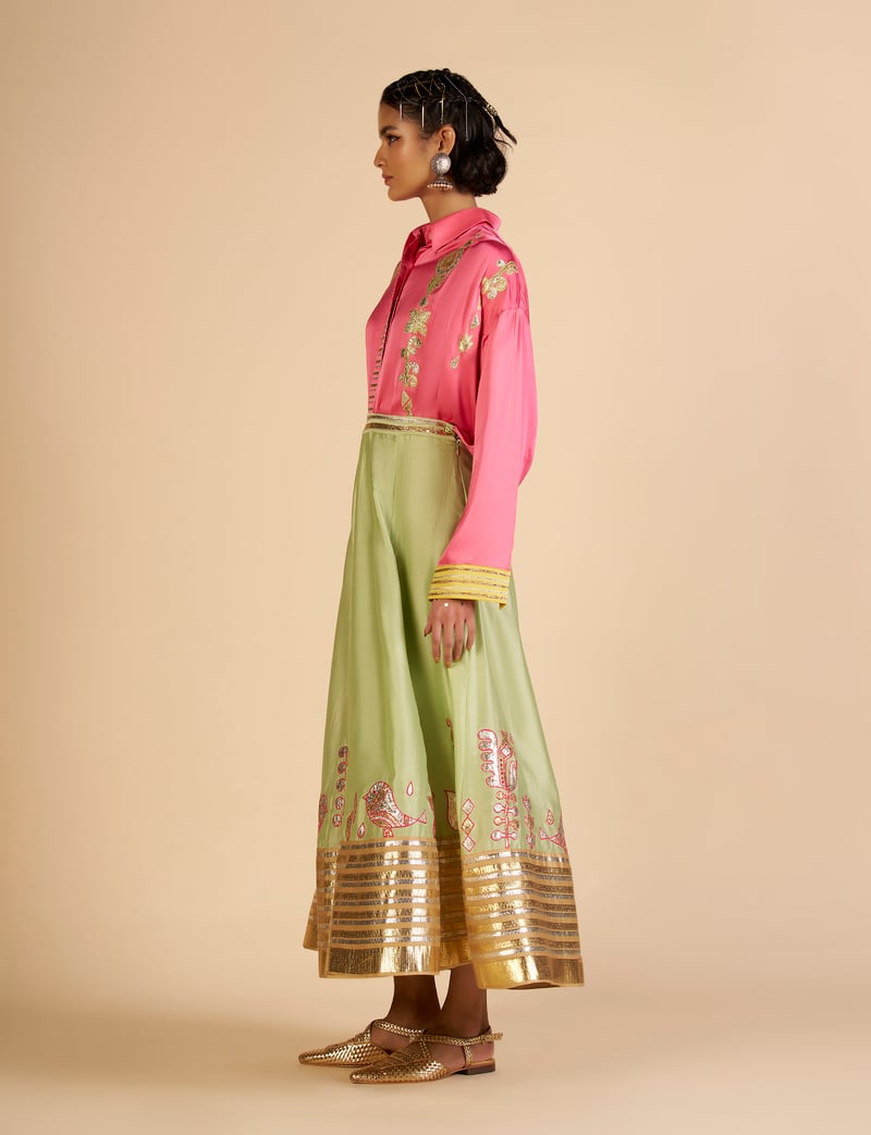 Pista Green Silk Chanderi Maxi Skirt With Gota Border